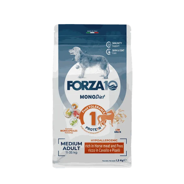 FORZA10 Monodiet Medium Adult ar zirgaaļu un zirņiem, suņiem sausā barība, 1,5 kg