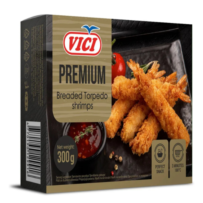 GARNELES TORPEDO VIČI SALDĒTAS, PANĒTAS 300G