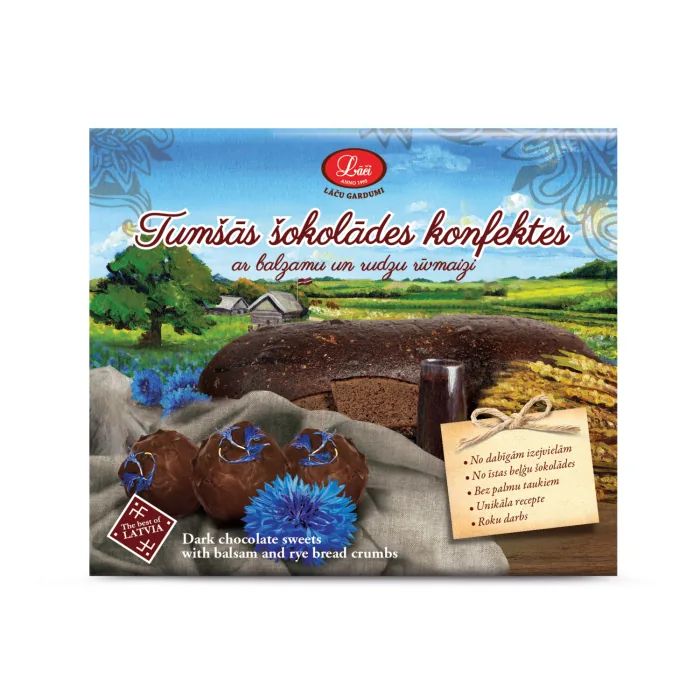 TUMŠĀS ŠOKOLĀDES KONFEKTES LĀČI AR BALZAMU UN RUDZU RĪVMAIZI 160G