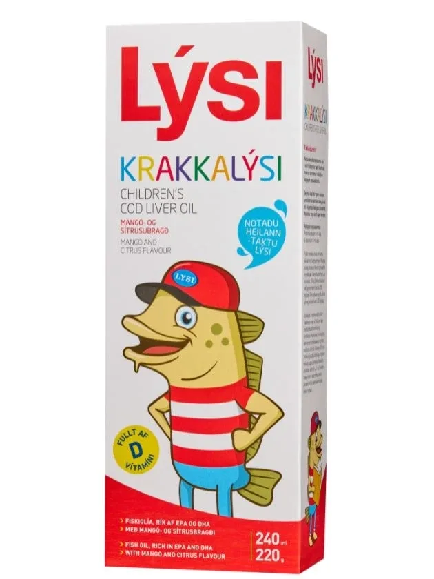 Lysi bērnu mencu aknu eļļa ar mango un citrusaugļu garšu, 240 ml