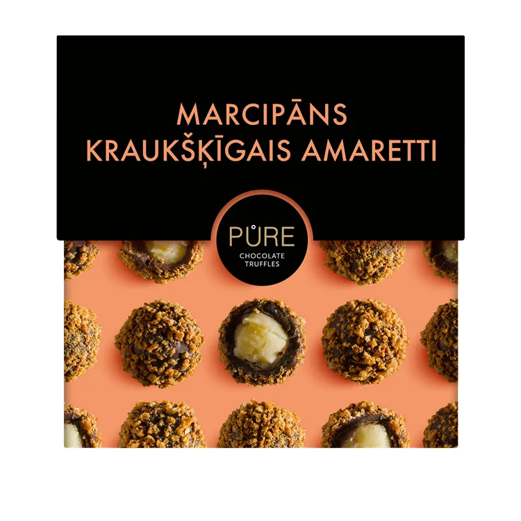 ŠOKOLĀDES TRIFELES AR MARCIPĀNA KRĒMA PILDĪJUMU UN KRAUKŠĶĪGO AMARETO CEPUMU DEKORU  96G, PURE