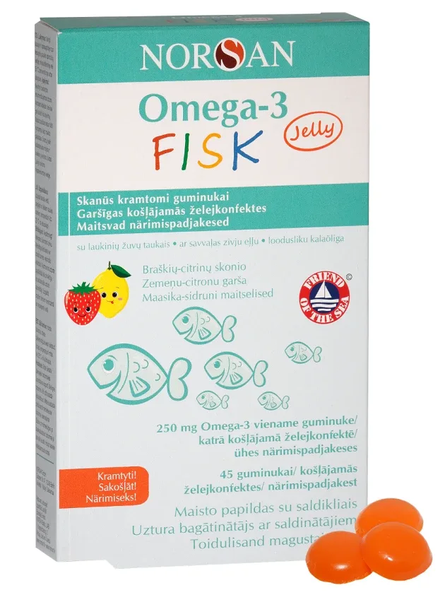 Norsan Omega-3 fisk jelly ar zemeņu un citronu garšu, 45 želejkonfektes