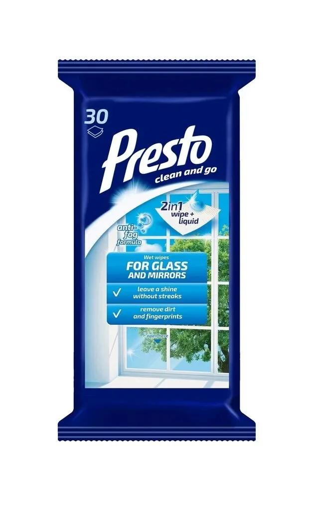 TĪRĪŠANAS SALVETES PRESTO CLEAN, STIKLAM, 30GAB