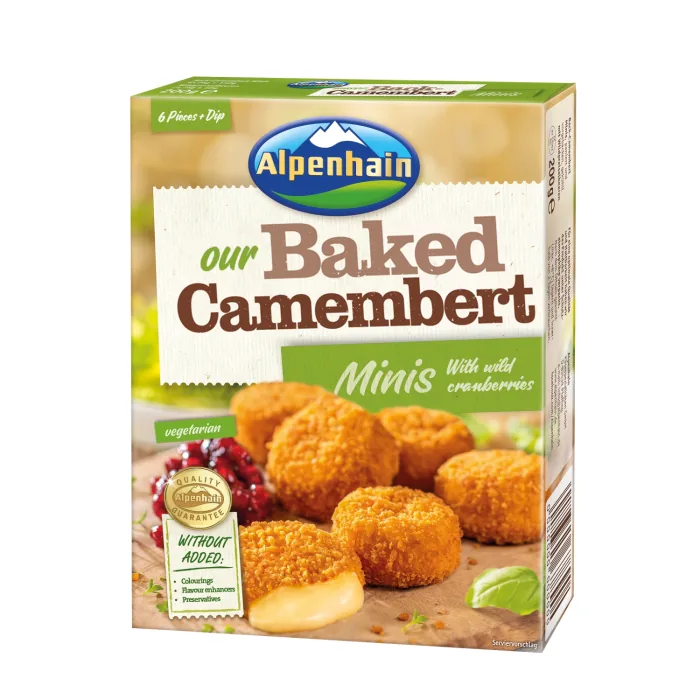 SIERS CEPŠANAI ALPENHAIN BAKED CAMEMBERT CLASSIC KRAUKŠĶĪGĀ PĀRKLĀJUMĀ AR BRŪKLEŅU MĒRCI 200G