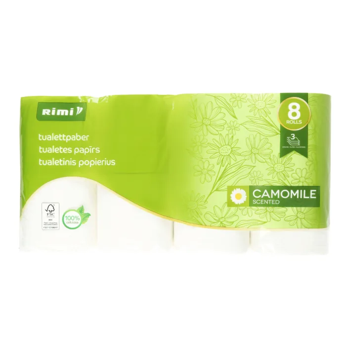 TUALETES PAPĪRS RIMI CAMOMILE 3 SLĀŅI, 8 RUĻĻI