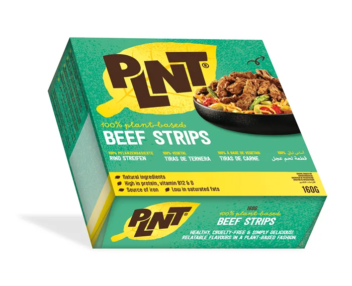 SALDĒTAS VEGĀNISKĀS STRĒMELĪTES UZ AUGU OLBALTUMVIELU BĀZES AR LIELLOPA GARŠU PLNT BEEF STRIPS, 160G
