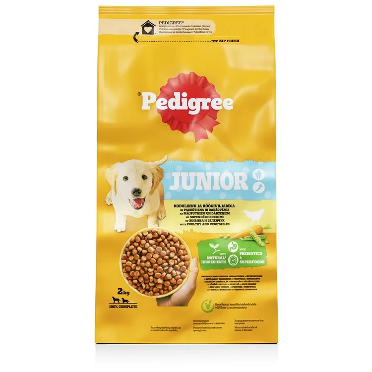 SAUSĀ BARĪBA SUŅIEM PEDIGREE JUNIOR AR MĀJPUTNIEM UN DĀRZEŅIEM, 2KG