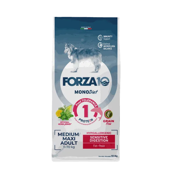 FORZA10 Monodiet Sensitive Digestion medium /maxi adult ar zivi, suņiem sausā barība, 10 kg