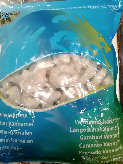 BALTKĀJU GARNELES EBI, SALD., 31/40, JĒLAS, TĪRĪTAS, BEZ ASTES, 25%, 750G/1KG, VANNAMEI PD RAW
