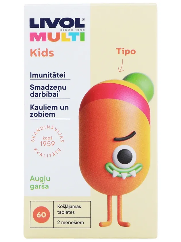Livol Multi Kids košļājamās tabletes ar augļu garšu, 60 tabletes