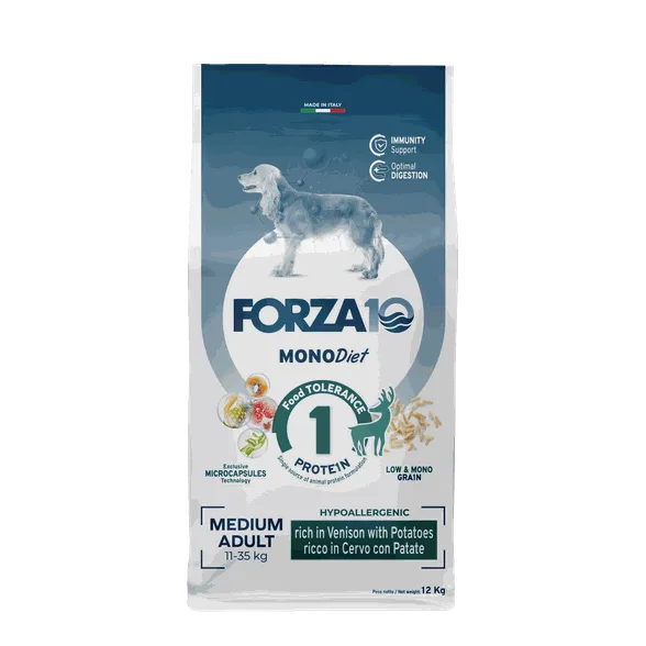 FORZA10 Monodiet Medium Adult ar briedi un kartupeļiem, suņiem sausā barība, 12 kg
