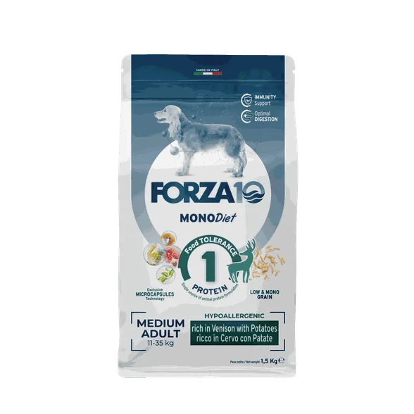 FORZA10 Monodiet Medium Adult ar briedi un kartupeļiem, suņiem sausā barība, 1,5 kg