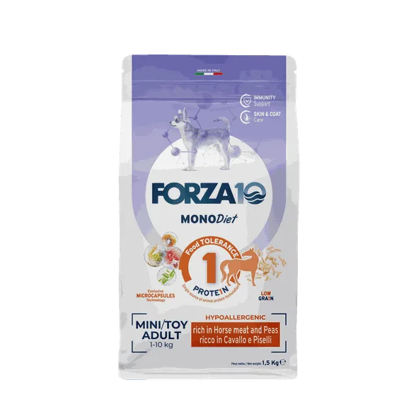 FORZA10 Monodiet Mini/toy adult ar zirgu un zirņiem, suņiem sausā barība, 1,5 kg