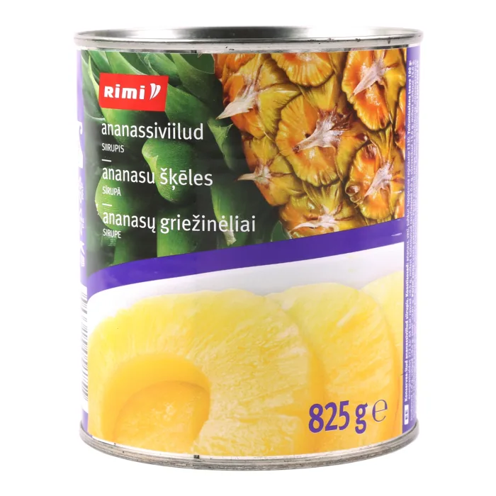 KONSERVĒTAS ANANASU ŠĶĒLES SĪRUPĀ RIMI 825G/490G