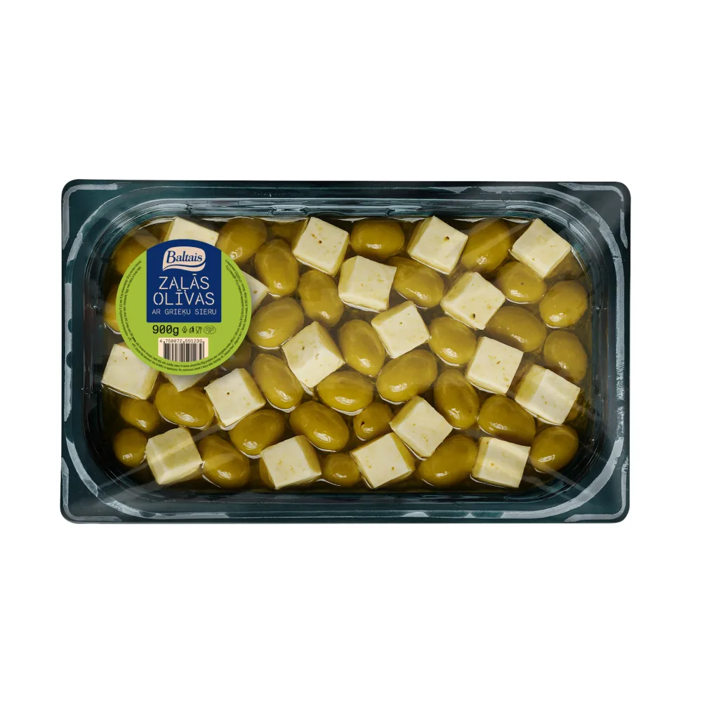 BALTAIS ZAĻĀS OLĪVAS AR GRIEĶU SIERU, 900G