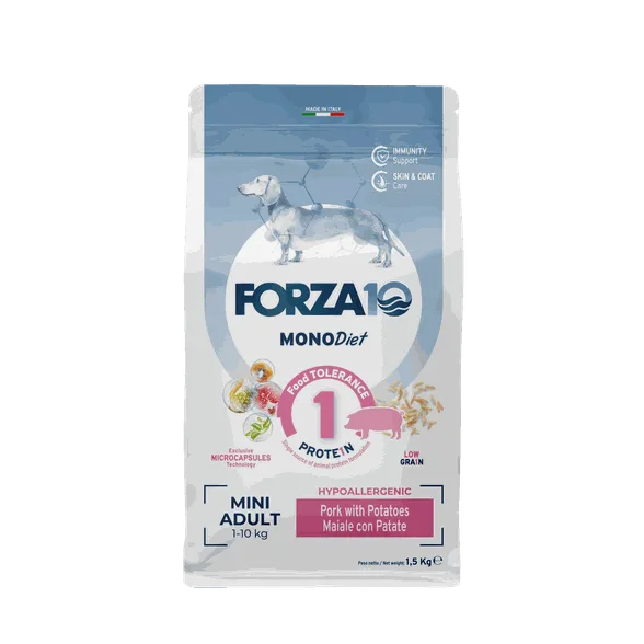 FORZA10 Monodiet Mini Adult ar cūku un kartupeļiem, suņiem sausā barība, 1,5 kg