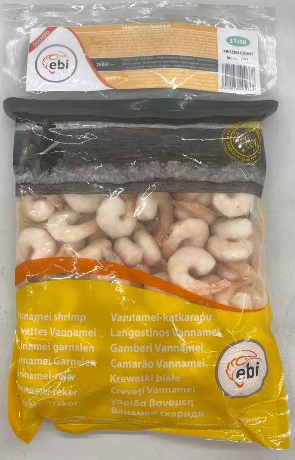 BALTKĀJU GARNELES EBI, SALD., 31/40, VĀRĪTAS, TĪRĪTAS, AR ASTI, 25%, 750G/1KG, VNM PDTO COOKED