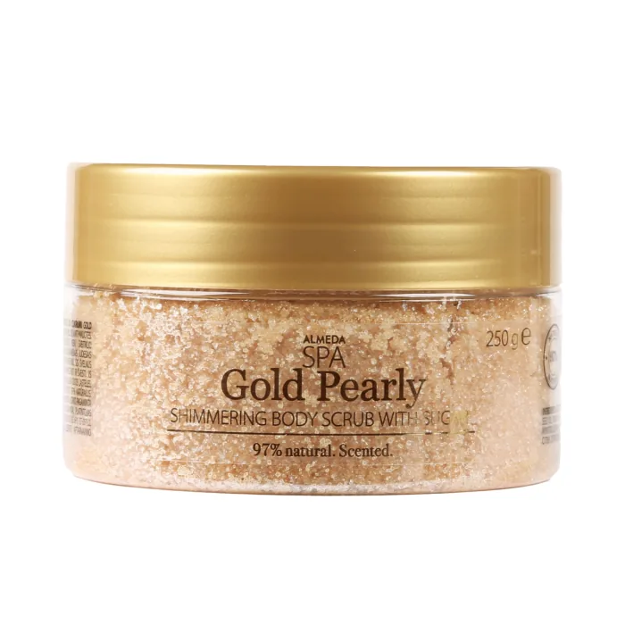 ĶERMEŅA SKRUBIS ALMEDA SPA GOLD PEARLY, MIRDZOŠS AR CUKURU 250G