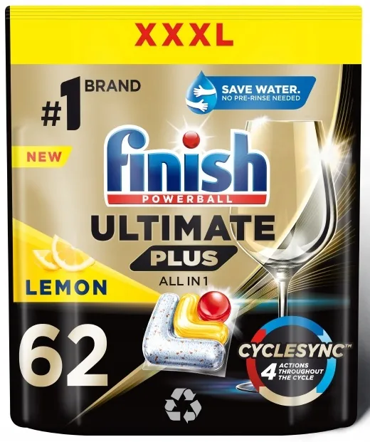 TABLETES TRAUKU MAZGĀŠANAS AUTOMĀTIEM FINISH ULTIMATE PLUS LEMON, 62GAB