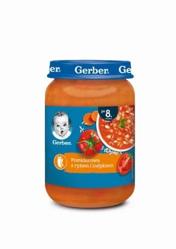 TOMĀTU ZUPA GERBER AR RĪSIEM UN TĪTARU, NO 8 MĒN., 190G