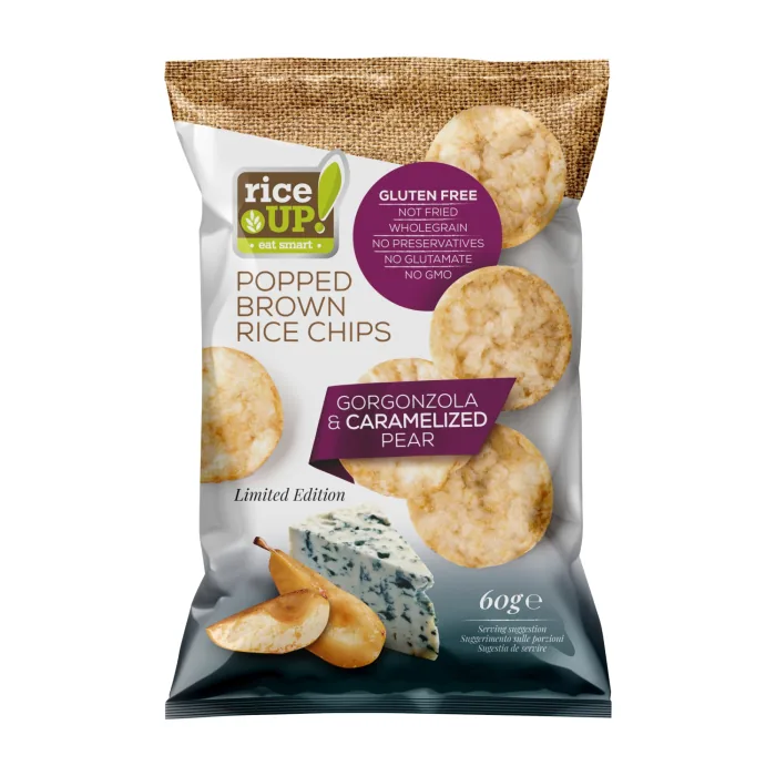 BRŪNO RĪSU ČIPSI RICE UP AR GORGONZOLAS UN KARAMELIZĒTU BUMBIERU GARŠU 60G