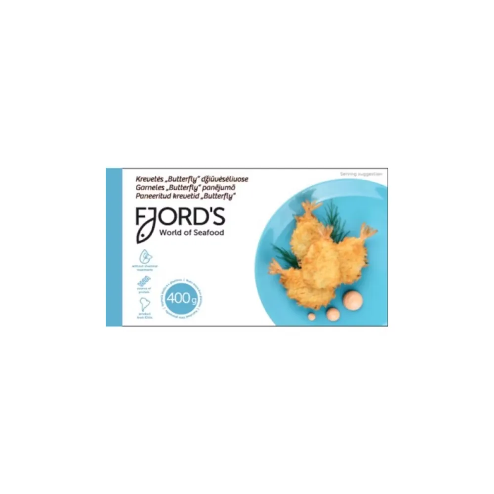 SALDĒTAS GARNELES 23/30 PANĒJUMĀ FJORD'S, BUTTERFLY, AR ASTI, 400G