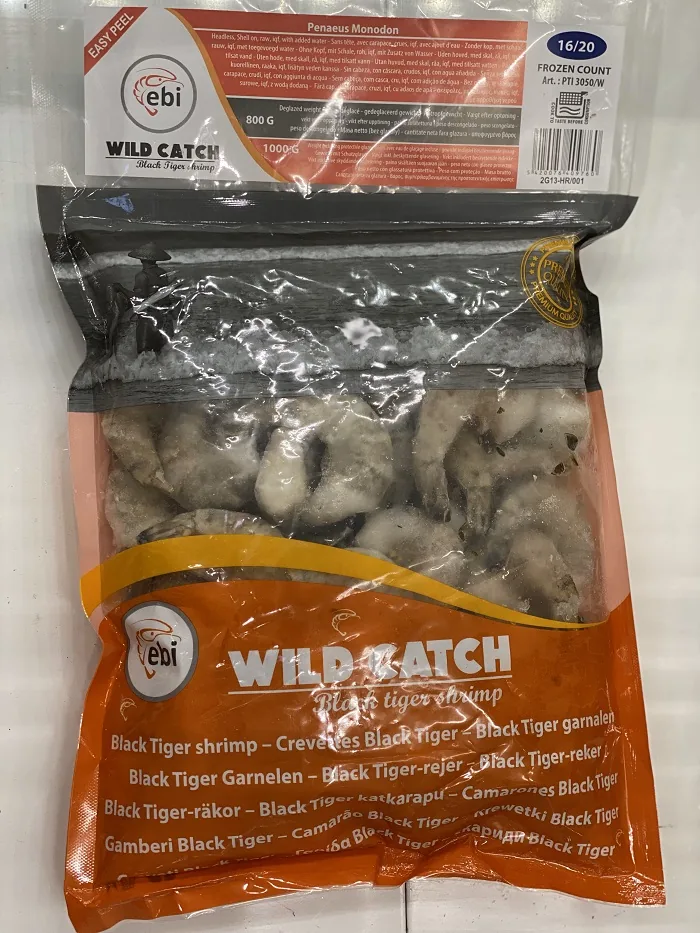 TĪĢERGARNELES, SALDĒTAS, 16/20, JĒLAS, BEZ GALVAS, ČAULĀ, IEGRIEZTAS, 20%, 800G/1KG, BT HLSO EP RAW
