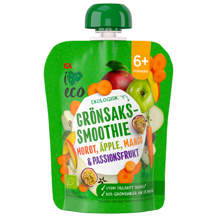 EKOLOĢISKS DĀRZEŅU UN AUGĻU BIEZENIS I LOVE ECO AR BURKĀNIEM, ĀBOLIEM, MANGO, MARAKUJU, BĒRNIEM NO 6 MĒN. 90 G