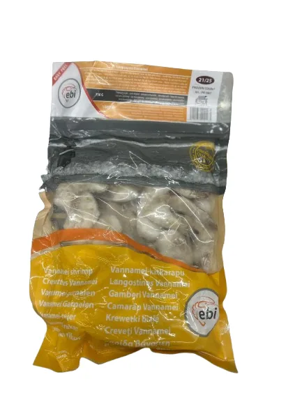 BALTKĀJU GARNELES EBI, SALDĒTAS, 21/25, JĒLAS, ČAULĀ, BEZ GALVAS, IEGRIEZTAS, 25%, 750G/1KG, HLSO EP