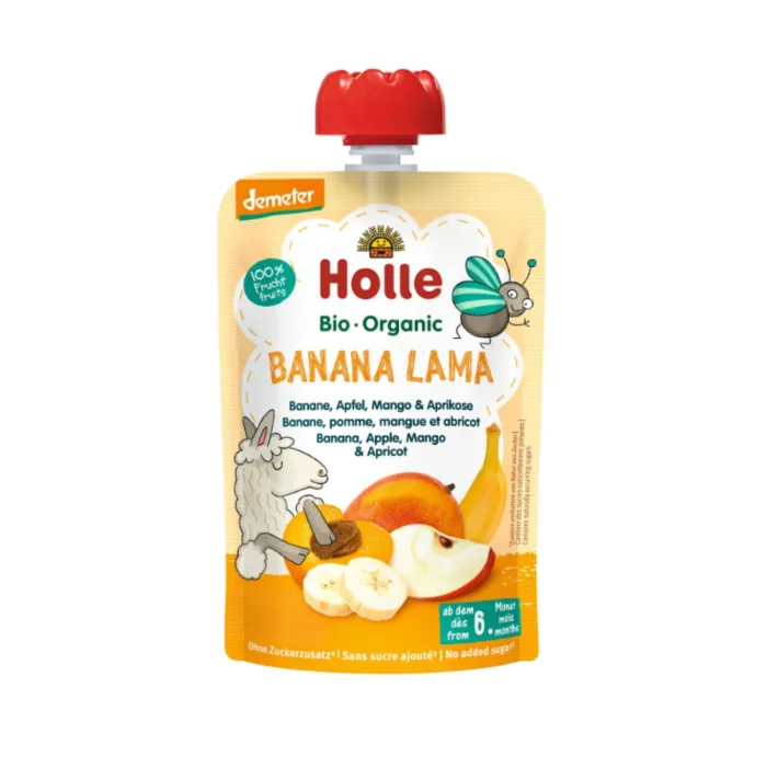 BIEZENIS HOLLE AR BANĀNIEM, ĀBOLIEM, MANGO UN APRIKOZĒM, ZĪDAIŅIEM NO 6 MĒNEŠU VECUMA BIO 100G