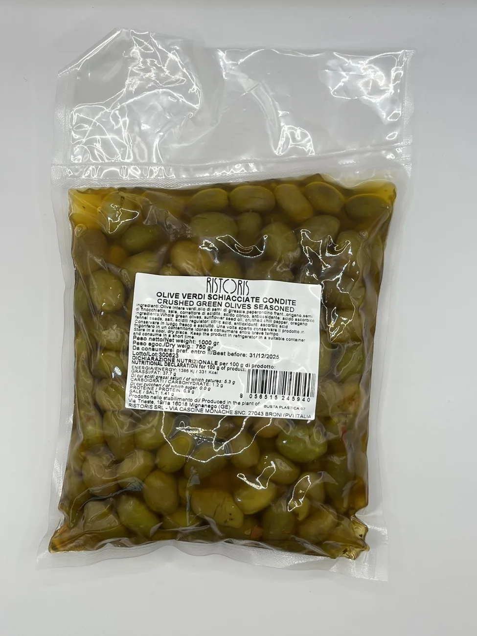 ZAĻĀS OLĪVAS AR KAULIŅIEM RISTORIS VERDI SCHIACCIATE CONDITE, 1KG/750G