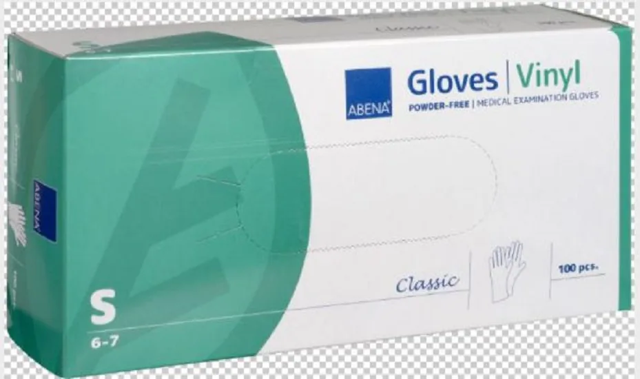 Cimdi vinila Abena Classic, bez pūdera, caursp., S izm., 100 gab