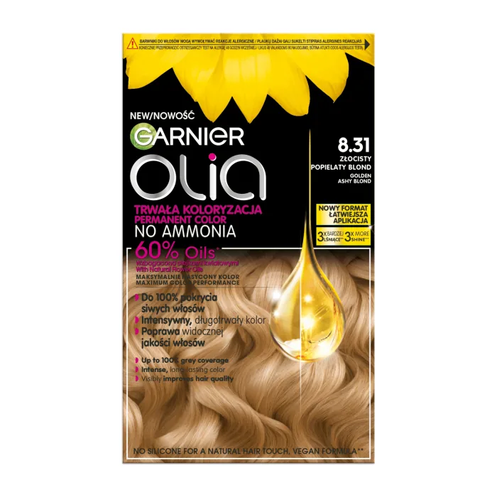 MATU KRĀSA GARNIER OLIA ILGNOTURĪGA, UZ EĻĻAS BĀZES BEZ AMONJAKA 8.31 ZELTA PELNU BLONDA 1GAB.