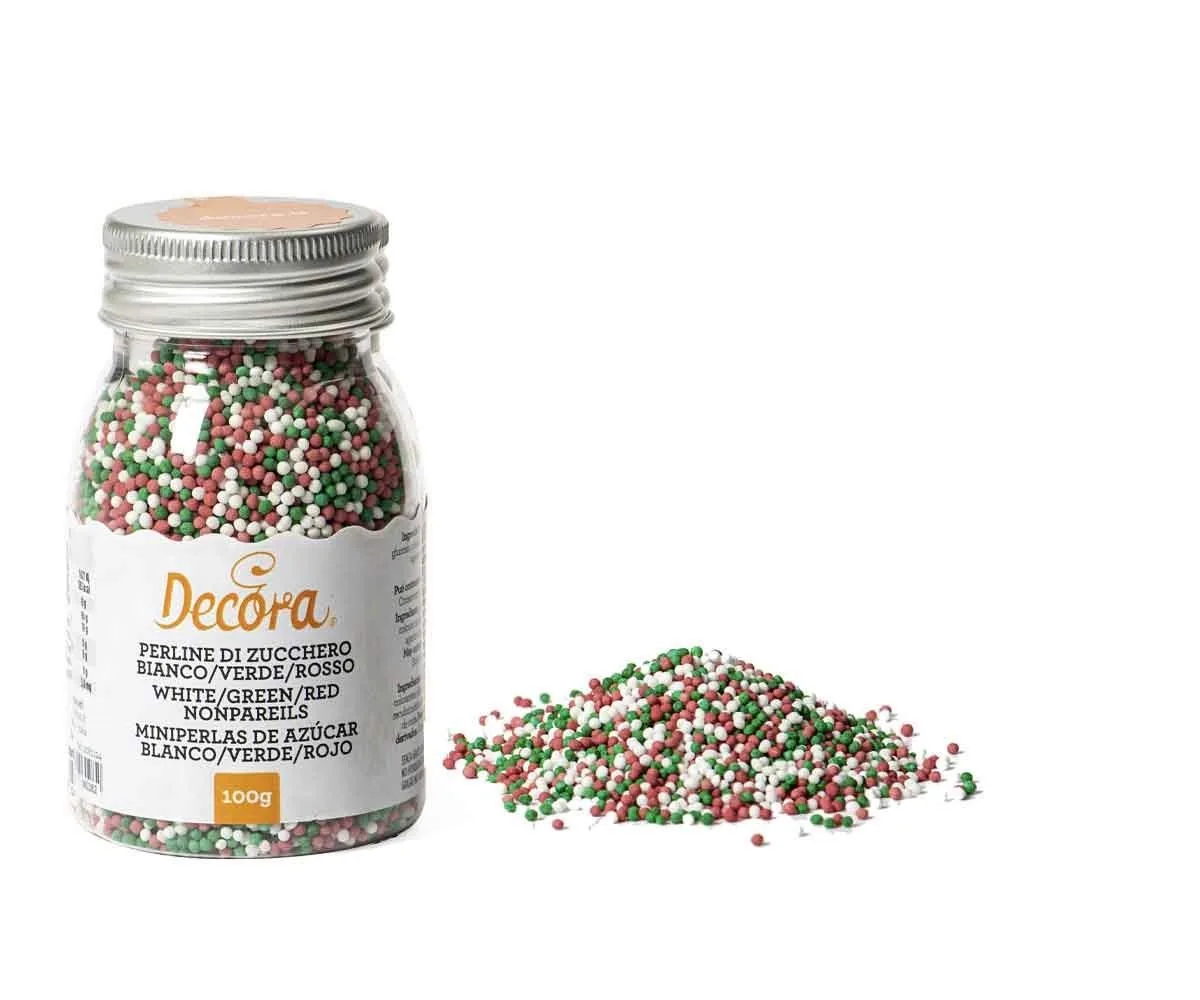 PĀRTIKAS CUKURA PĒRLES DECORA MINI, SARKANAS, BALTAS, ZAĻAS, 100G