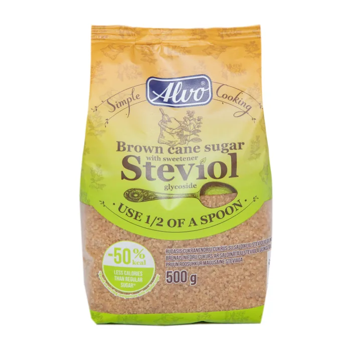 BRŪNAIS CUKURS ALVO AR STĒVIJA SALDINĀTĀJU 500G