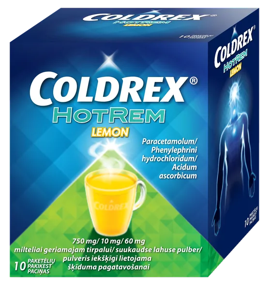 Coldrex Hotrem Lemon 750 mg/10 mg/60 mg pulveris iekšķīgi lietojama šķīduma pagatavošanai, 10 gab.