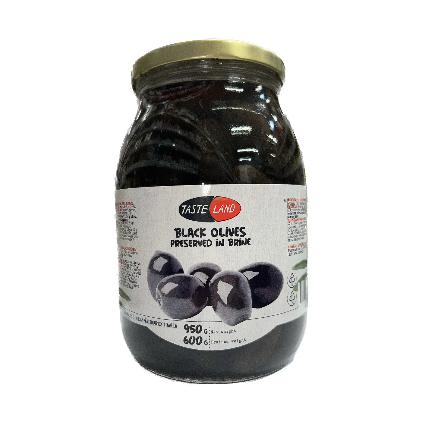 MELNĀS OLĪVAS, LIELAS, AR KAULIŅIEM TASTE LAND SĀLĪJUMĀ, 950G/600G