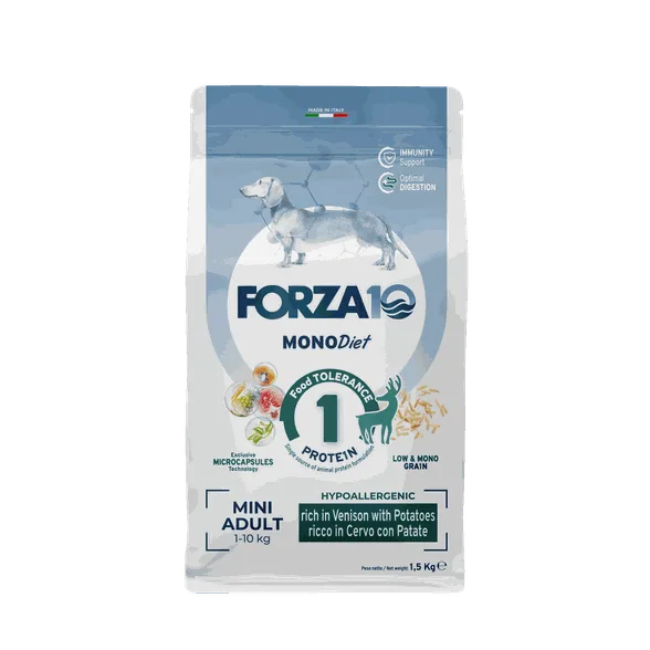 FORZA10 Monodiet Mini Adult ar briedi un kartupeļiem, suņiem sausā barība, 1,5 kg