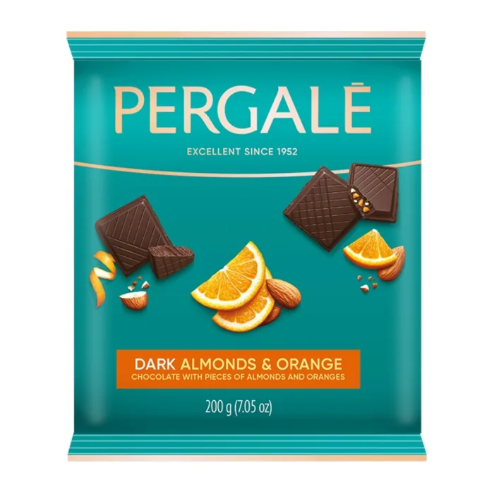 TUMŠĀ ŠOKOLĀDE PERGALE AR MANDELĒM UN APELSĪNU GAB. 200G