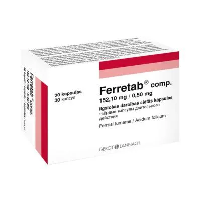 Ferretab Comp. 152,10 mg/0,50 mg ilgstošās darbības cietās kapsulas N30