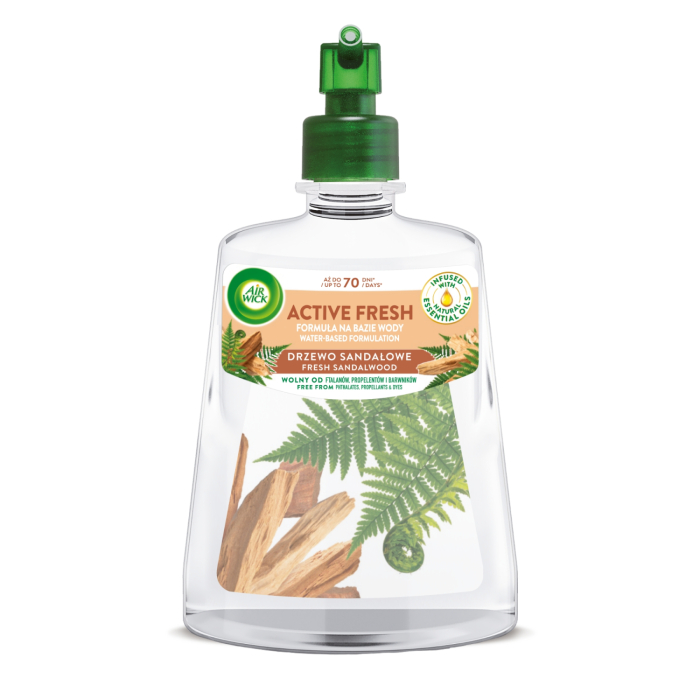 AIR WICK AUTOMĀTISKAIS GAISA ATSVAIDZINĀTĀJS BEZ AEROSOLA AR "SVAIGA SANDALKOKA" AROMĀTU, REZERVES FLAKONS, 228 ML.