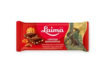 PIENA ŠOKOLĀDE LĀCĪTIS ĶEPAINĪTIS LAIMA AR DRUPINĀTĀM MANDELĒM, VAFEĻU GABALIŅIEM UN MEDUS GARŠAS KARAMELI 90G