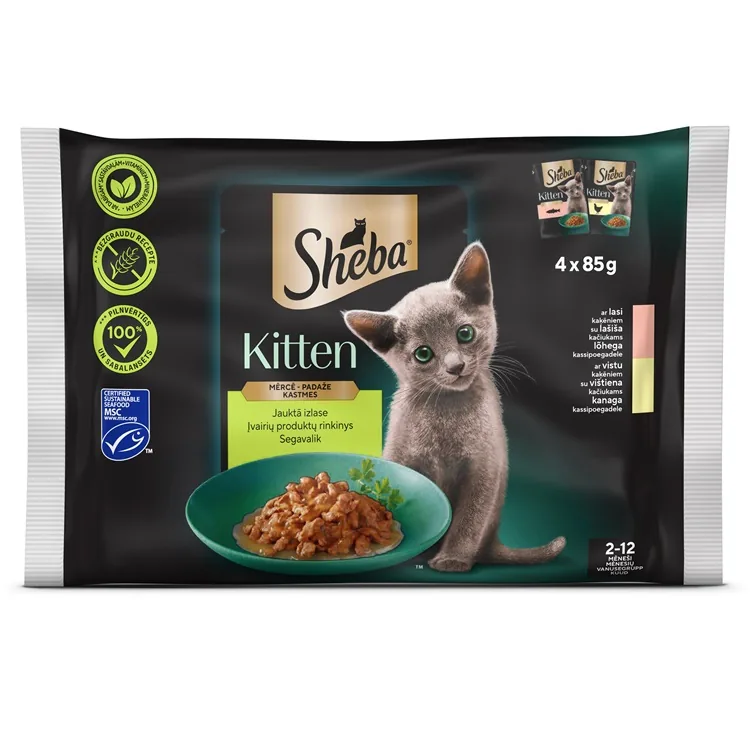 MITRĀ BARĪBA KAĶĒNIEM SHEBA KITTEN JAUKTĀ IZLASE 4-PAKA 4X85G