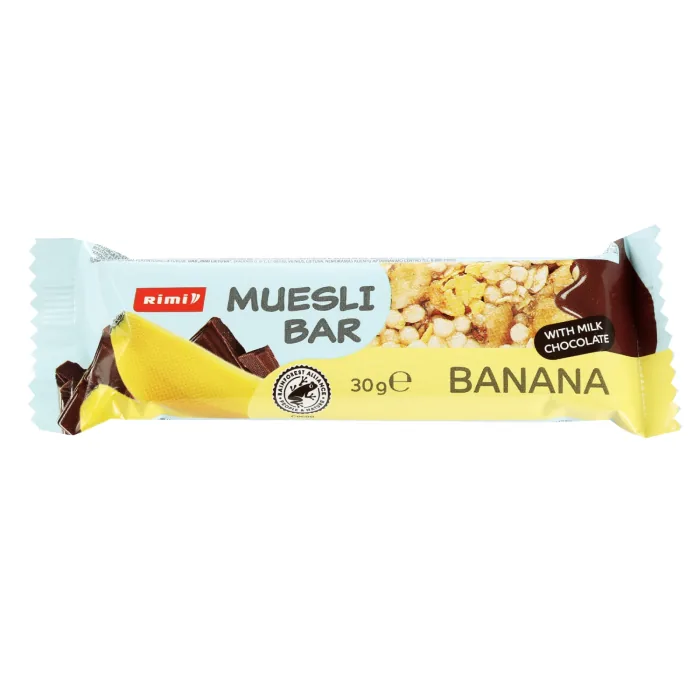 MUSLI BATONIŅŠ RIMI AR BANĀNIEM UN PIENA ŠOKOLĀDI 30G