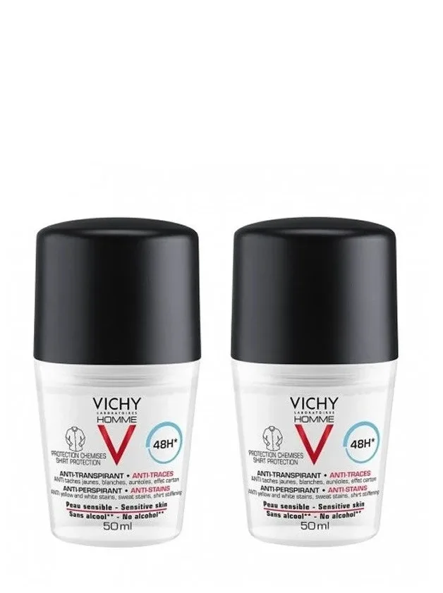 Vichy Homme Anti-Perspirant Anti traces 48H antiperspiranta dezodorants ar rullīti, 2 x 50 ml