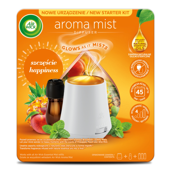 GAISA ATSVAIDZINĀŠANAS KOMPLEKTS AIR WICK AROMA MIST AR ELEKTRISKU AROMĀTISKAS MIGLAS DIFUZORU UN AROMĀTA FLAKONU PRIEKS 20ML