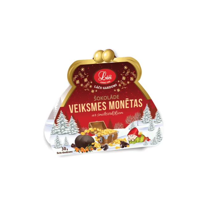 ŠOKOLĀDES KONFEKTES LĀČI VEIKSMES MONĒTAS AR SMILTSĒRKŠĶIEM 30G