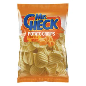 ČIPSI KARTUPEĻU MR. CHECK AR SIERU UN SĪPOLIEM 150G