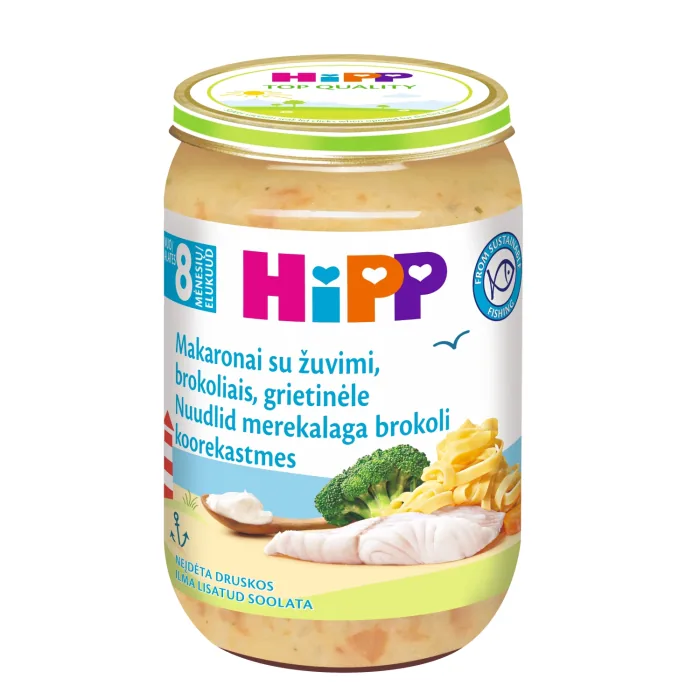 NŪDELES AR JŪRAS ZIVĪM UN KRĒMĪGIEM BROKOĻIEM HIPP, NO 8 MĒN. 220G