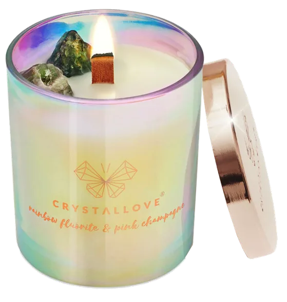 Crystallove Rainbow Fluorite & Champagne soy aromātiskā svece, 1 gab.